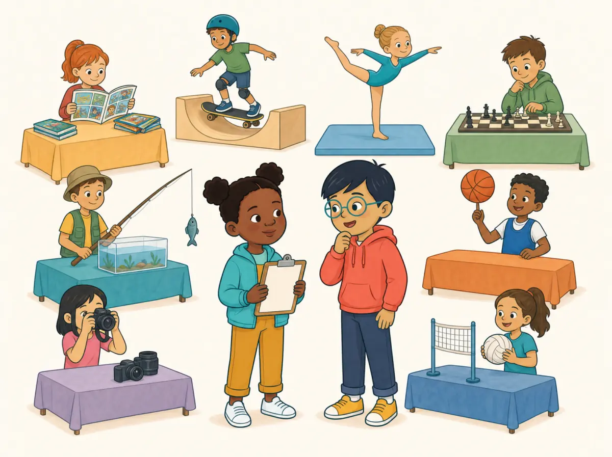 At a library hobby fair, eight clear stations show reading comics, skateboarding, gymnastics, chess, fishing, basketball, photography and volleyball. A child holds a safe activity-choice clipboard without writing.