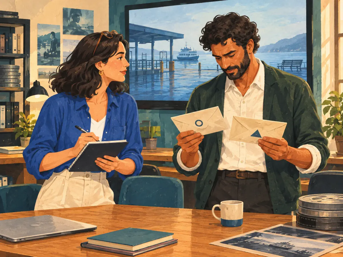 Two friends compare notes and sealed ending summaries in a cinema office after a preview.