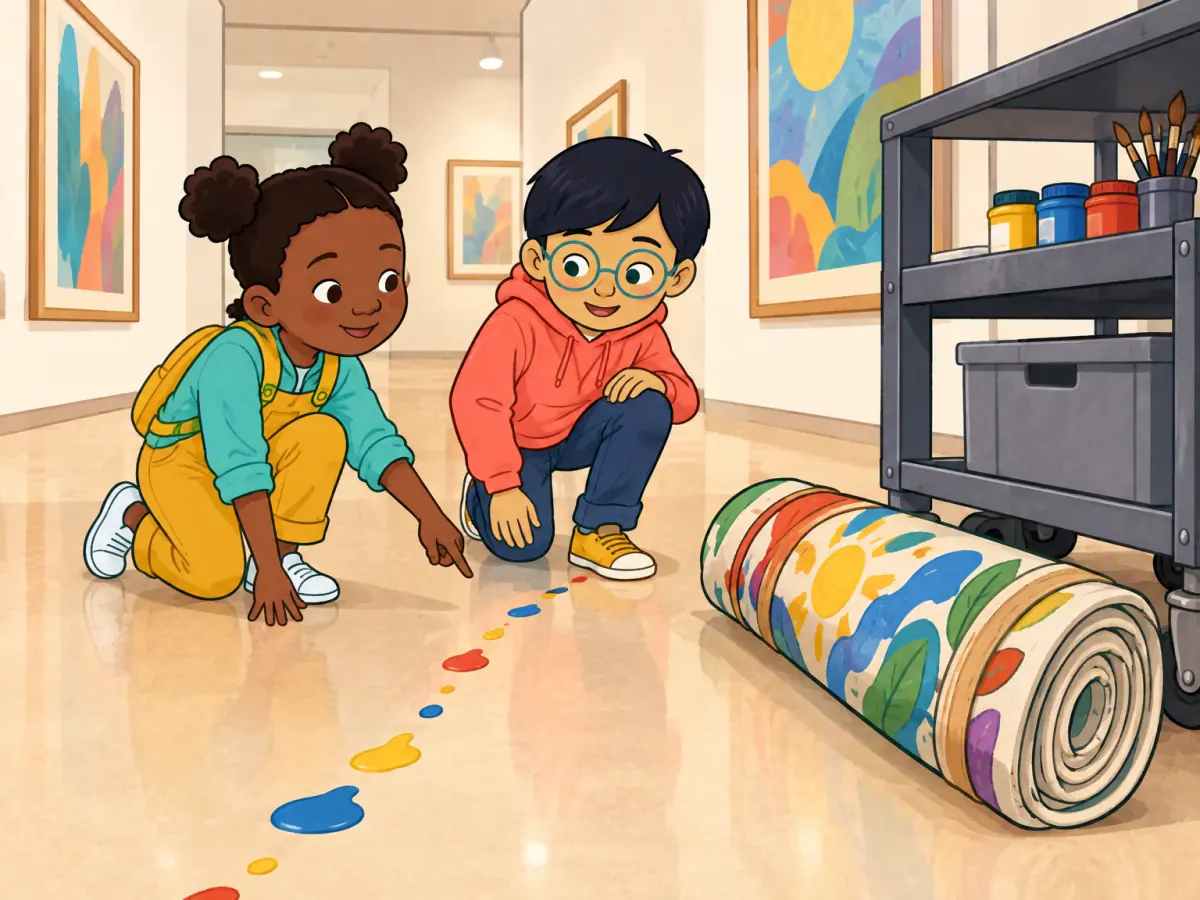 An original adventure scene in a closed gallery: two children follow a trail of red, yellow and blue paint drops to find a rolled community mural safely beside a storage cart.