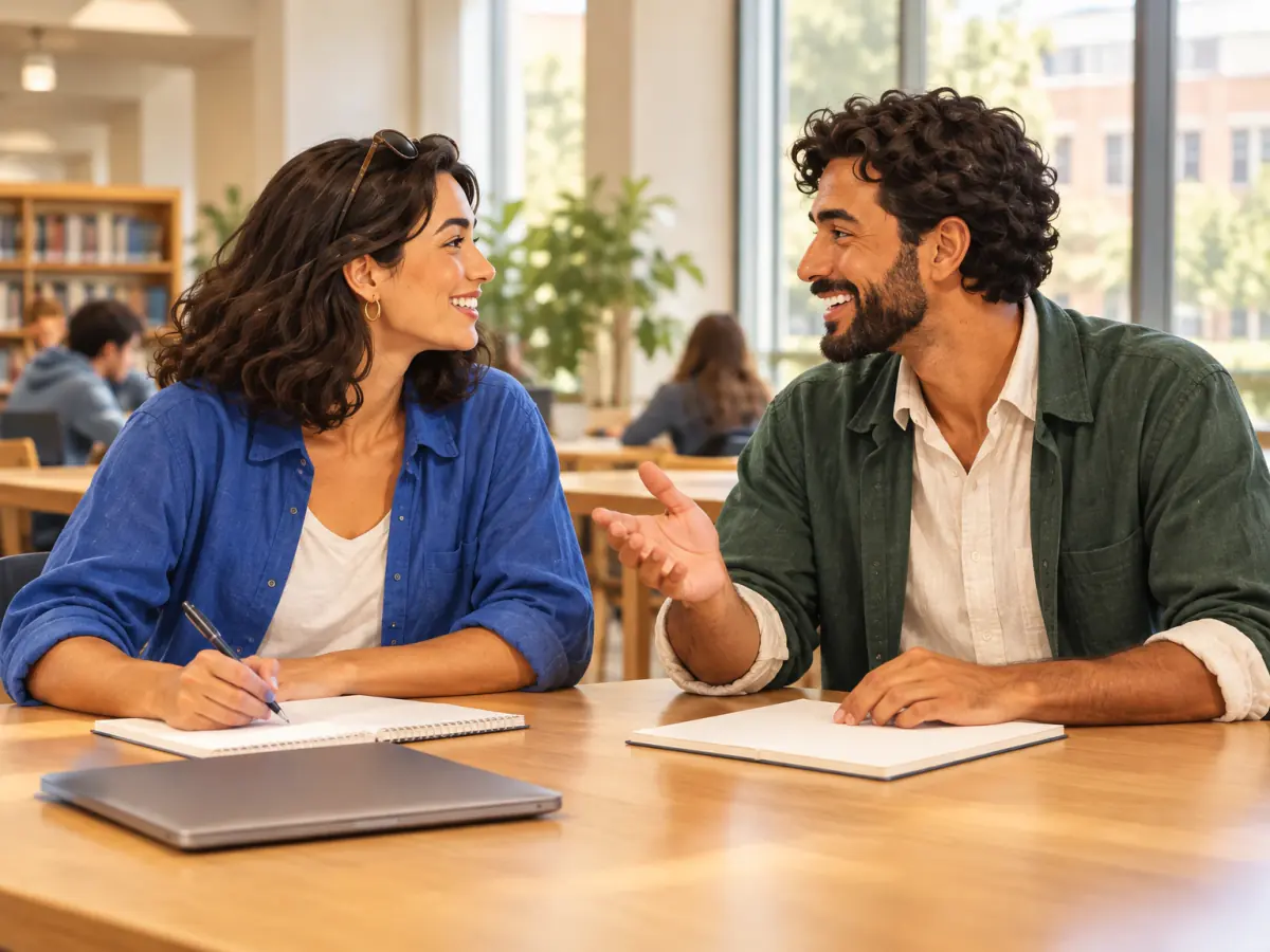 Two adult learners work together at a university study table.
