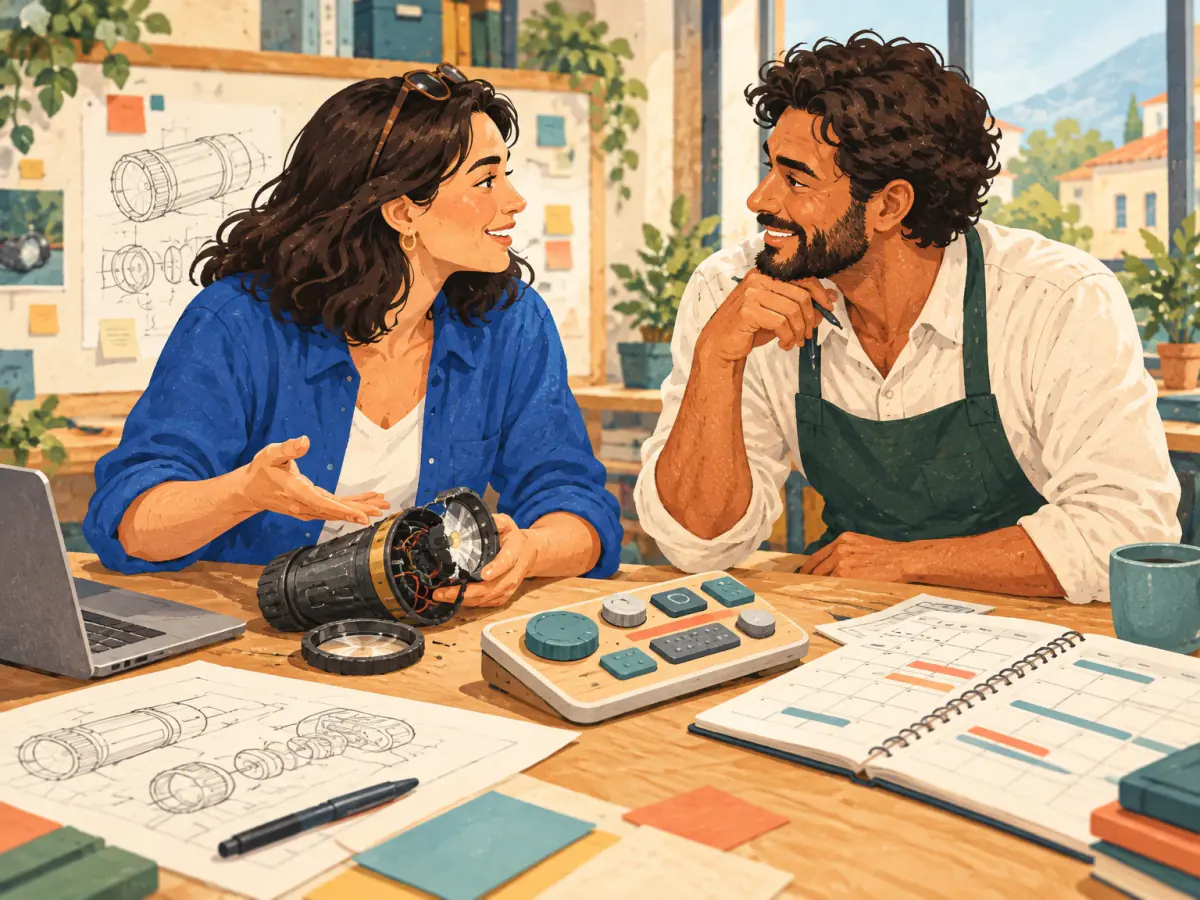 A woman points to a tactile control board while a man compares a broken light prototype with a delivery calendar.