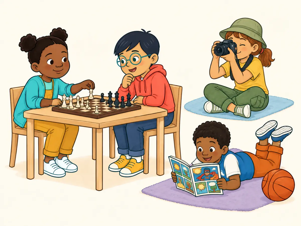 Nia and Leo play chess, Mina holds a camera, and Sam reads a comic next to his basketball.