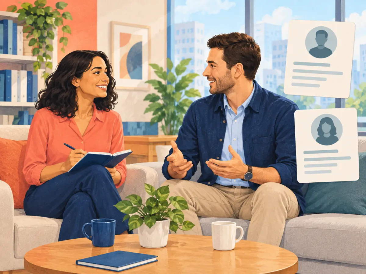 A colleague interviews another colleague in a relaxed professional lounge with two blank profile cards.