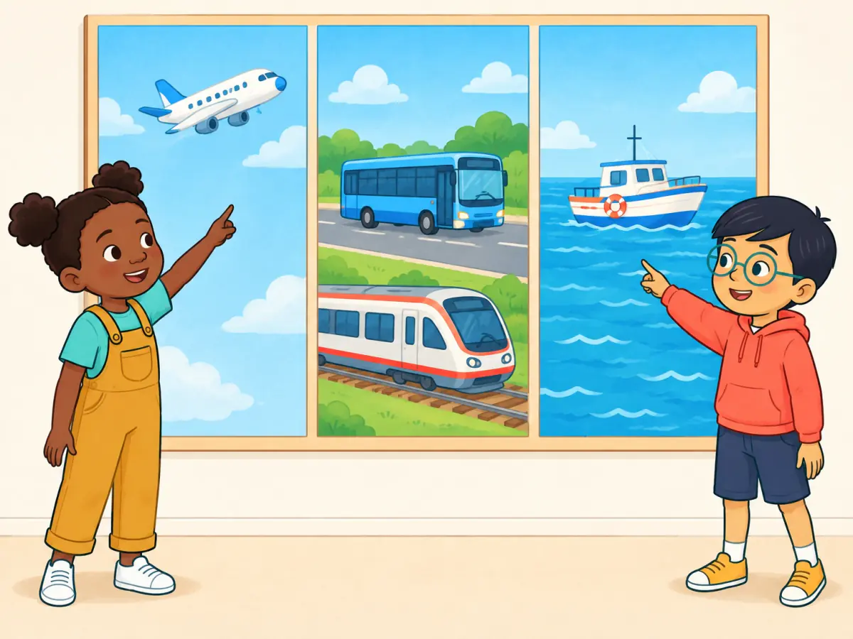Two children sort a plane, bus, train and boat across air, land and sea panels.