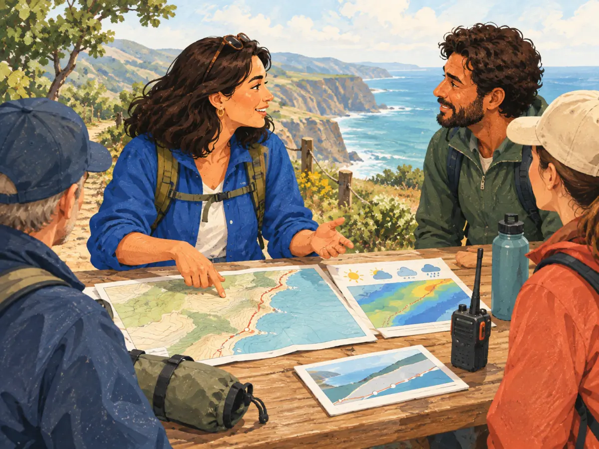 A woman points to a coastal trail map while three hikers listen, with a weather chart, a radio and a water bottle on the table.
