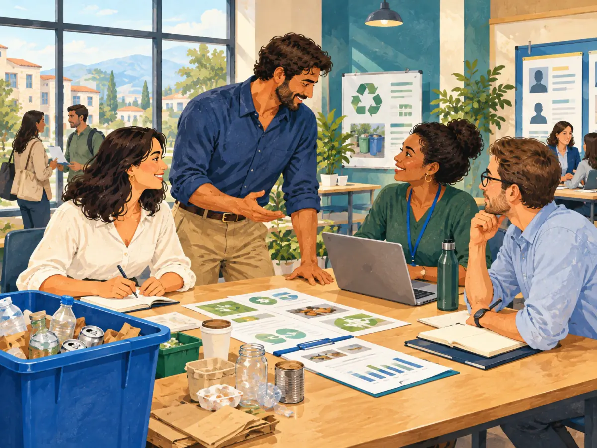 Adults inspect recycling labels, compare study routes, and prepare a professional profile.
