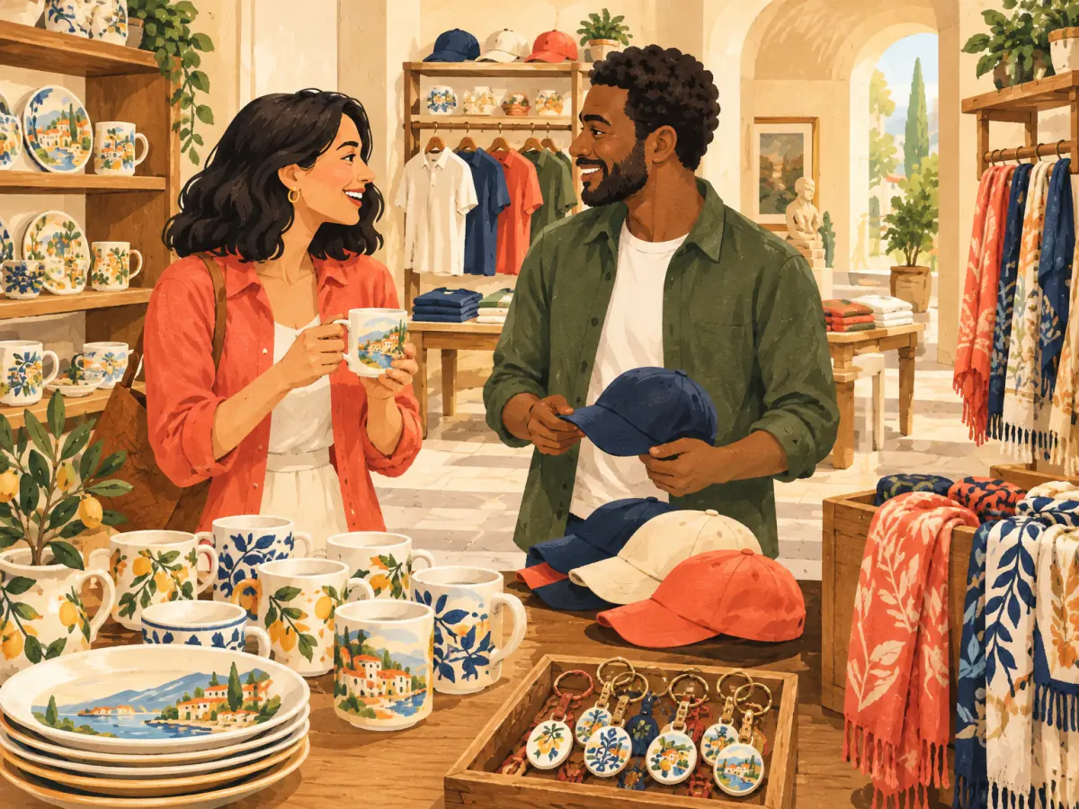 Two friends compare souvenirs in a museum shop.