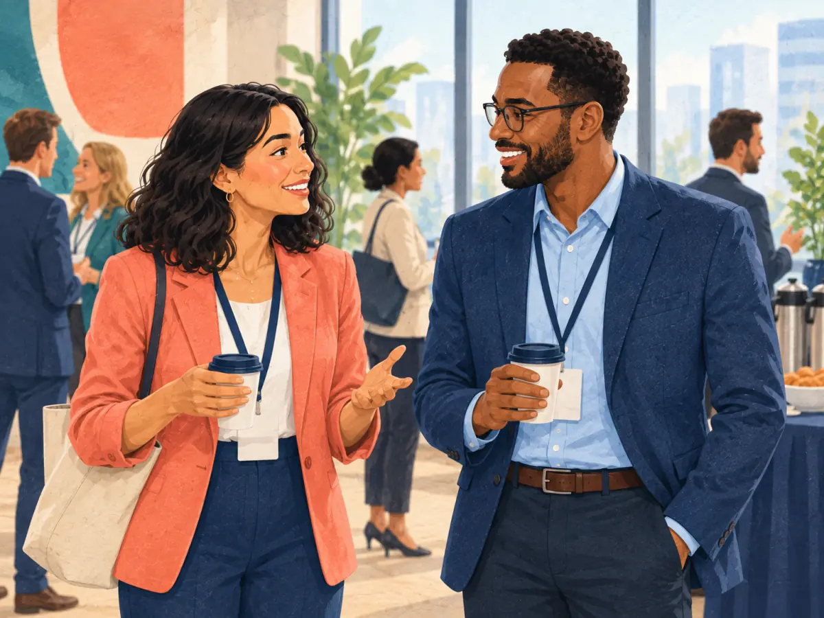 Maya and Owen talk during a professional conference break.