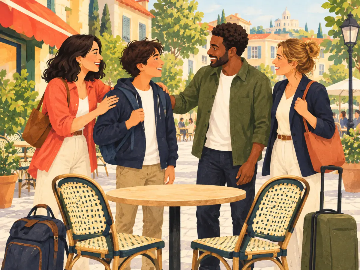 Three colleagues greet a young visitor beside two free café chairs.