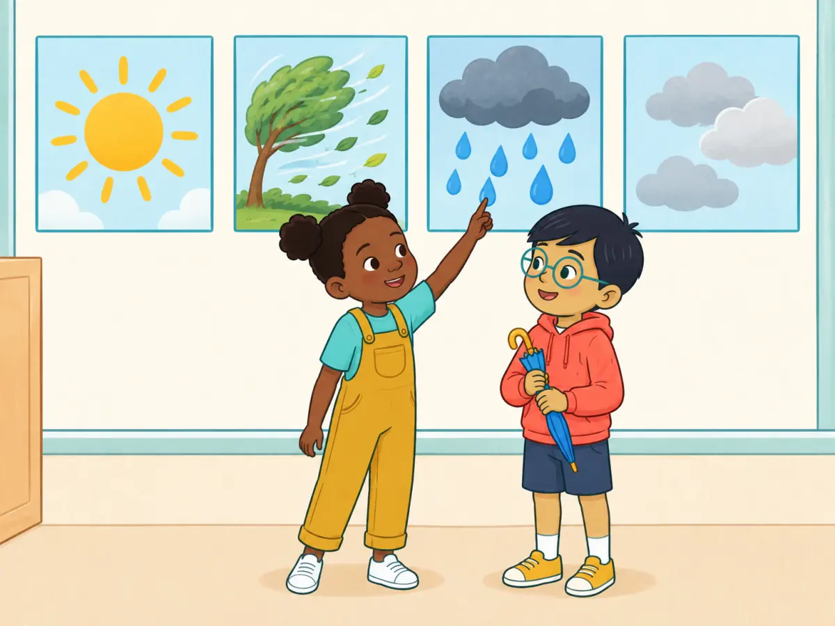 Two children compare four clear wordless weather pictures: sunny, windy, rainy and cloudy.