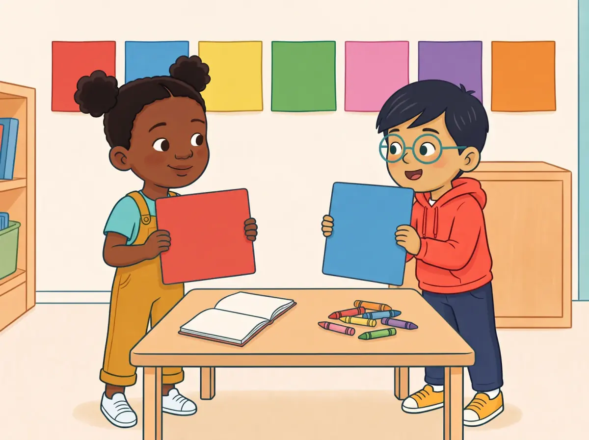 A child holds a red page and another child holds a blue page. Seven colour pages hang on the wall: red, blue, yellow, green, pink, purple and orange.