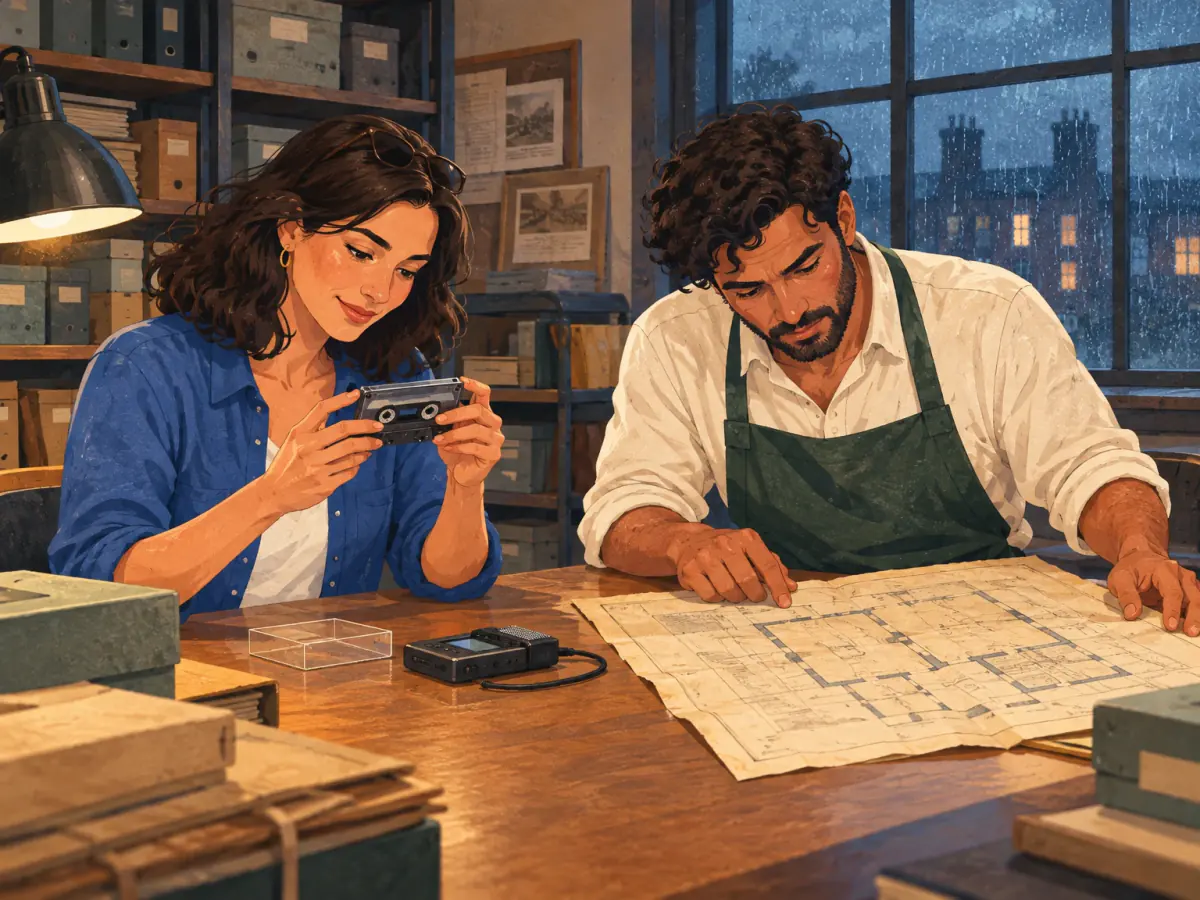Maya and Owen investigate an old recording and floor plan in a community archive.