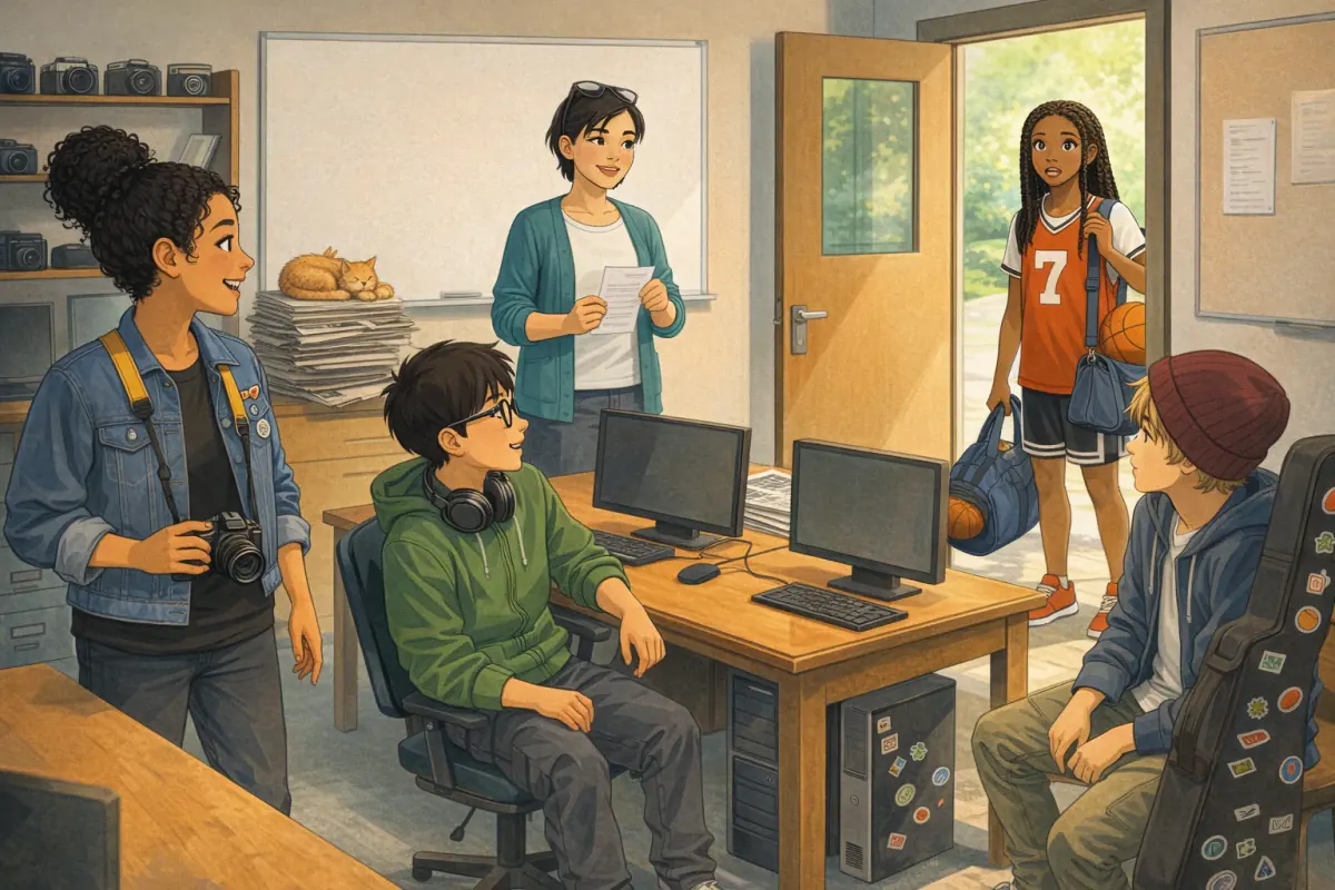 Zara, Kai, Theo and Ms Rivera in the media club room turn to see Amara, a new student with a basketball bag, at the door. An orange cat sleeps on old newspapers in the corner.