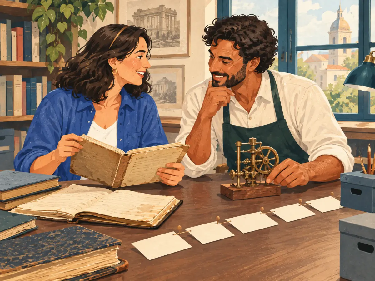 Two adults compare archive evidence and a mechanical model.