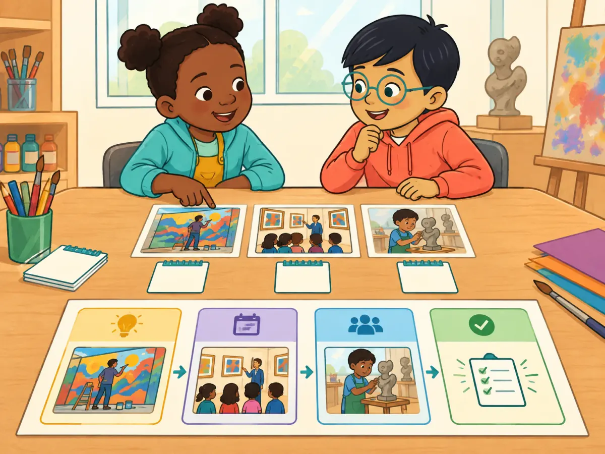 At a youth arts weekend desk, two children compare a mural workshop, gallery tour and sculpture class with blank calendar cards. A completed plan has four picture panels for purpose, sequence, support and final check.