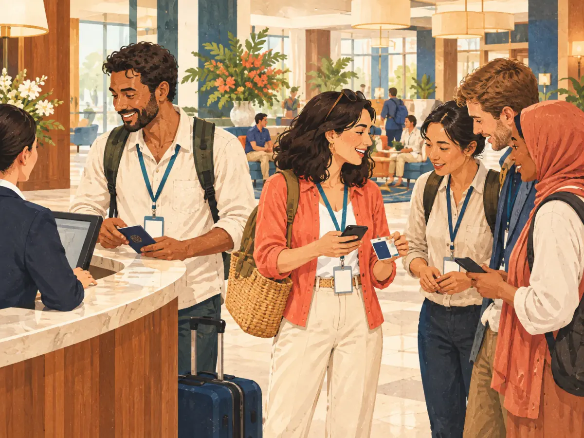 Adults exchanging country and contact details beside a hotel reception