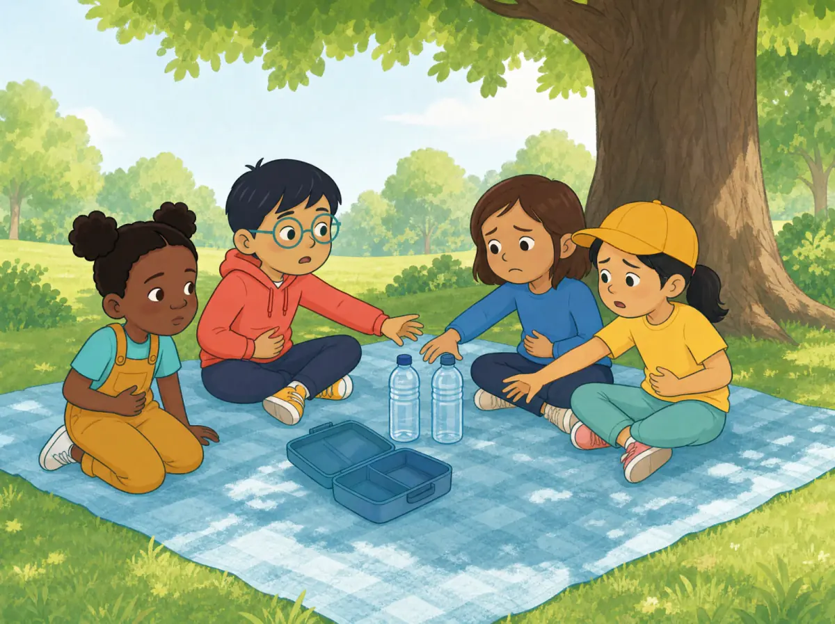 At a hot picnic, two thirsty children reach for water; an empty lunch box shows hunger, and one friend looks sad.