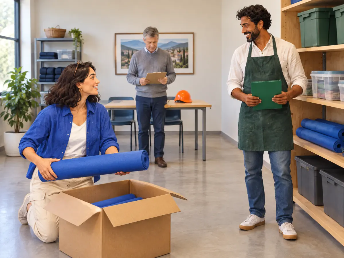 In an equipment room, Maya kneels beside an open box holding a rolled mat, Owen stands beside a shelf holding a green folder, and another adult holds a clipboard in the background.