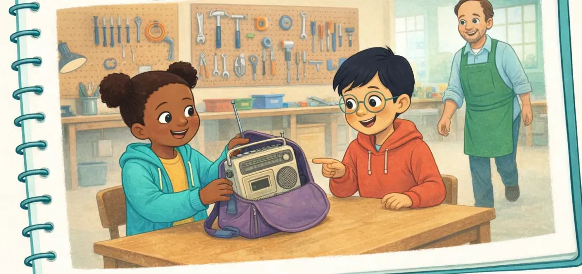 In a community repair café, a girl lifts an old radio out of her purple bag while a boy points at it and an adult volunteer in a green apron walks over.