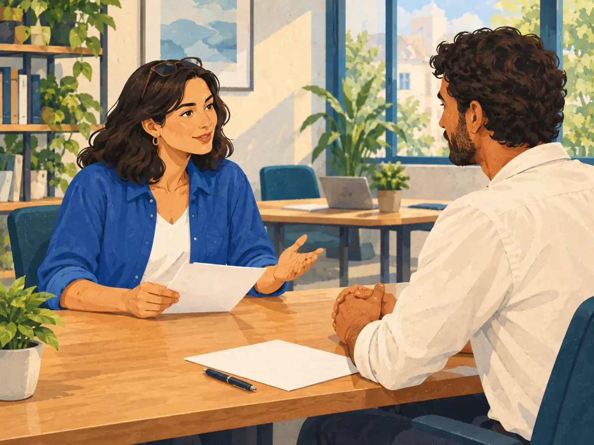 An interviewer listens to a candidate across a table in a bright office.