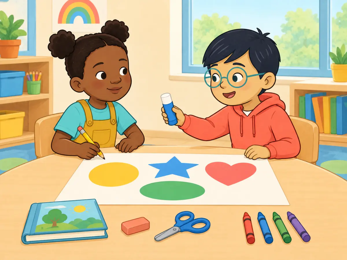 Two children prepare a blank shape poster beside a pencil, book, rubber, safe scissors, glue stick and four crayons.