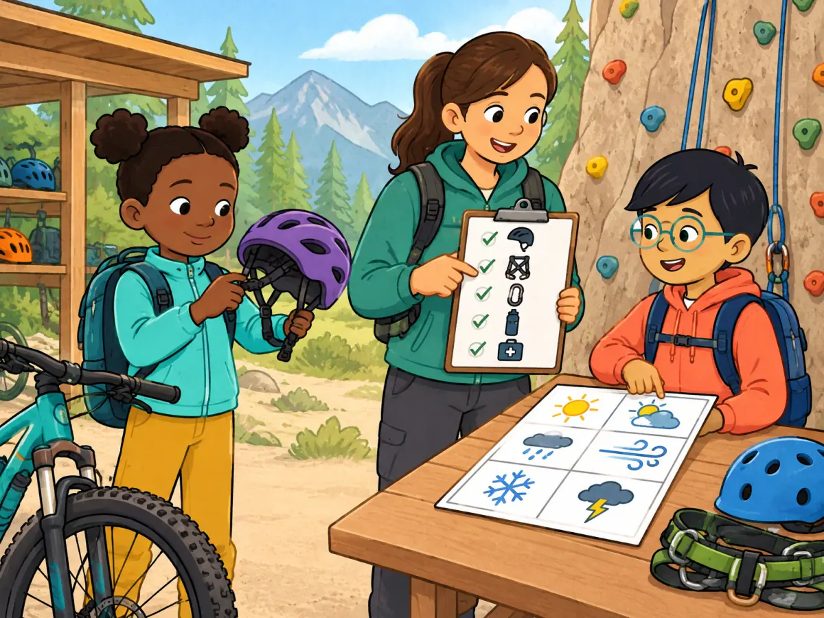 Nia checks a helmet before mountain biking while Leo studies weather symbols beside a climbing wall; an instructor holds the safety list.