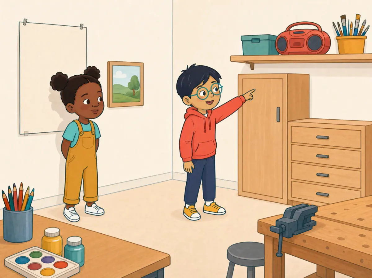 In the art corner of the River Studio School makerspace, Nia stands close to one blank illustrated poster and one small picture in a frame. Across the room, Leo points to a chest with four closed drawers, one tall cupboard and one red CD player on a high adult shelf.