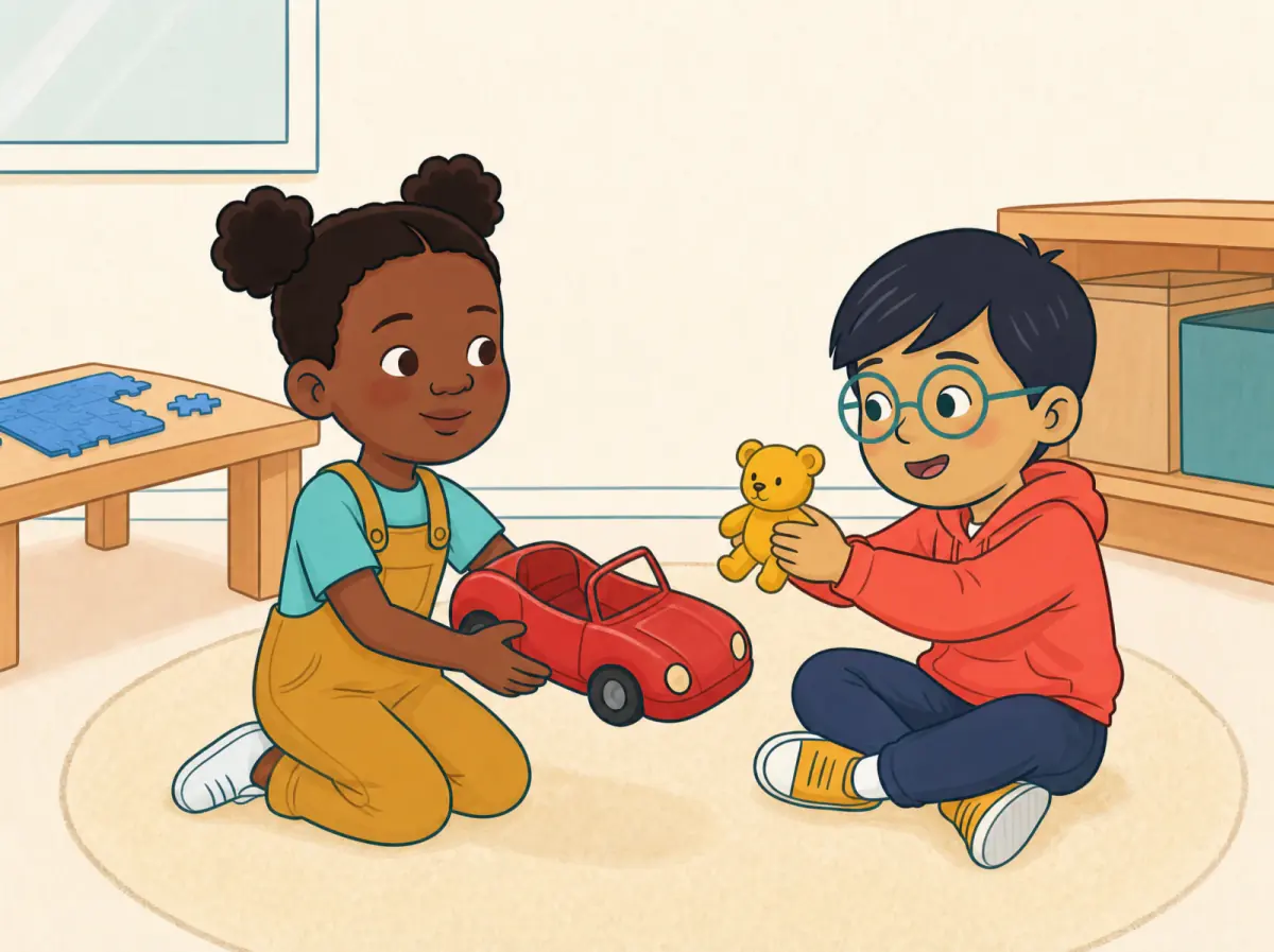 A boy asks a girl about her red toy car. The girl asks about his yellow teddy.