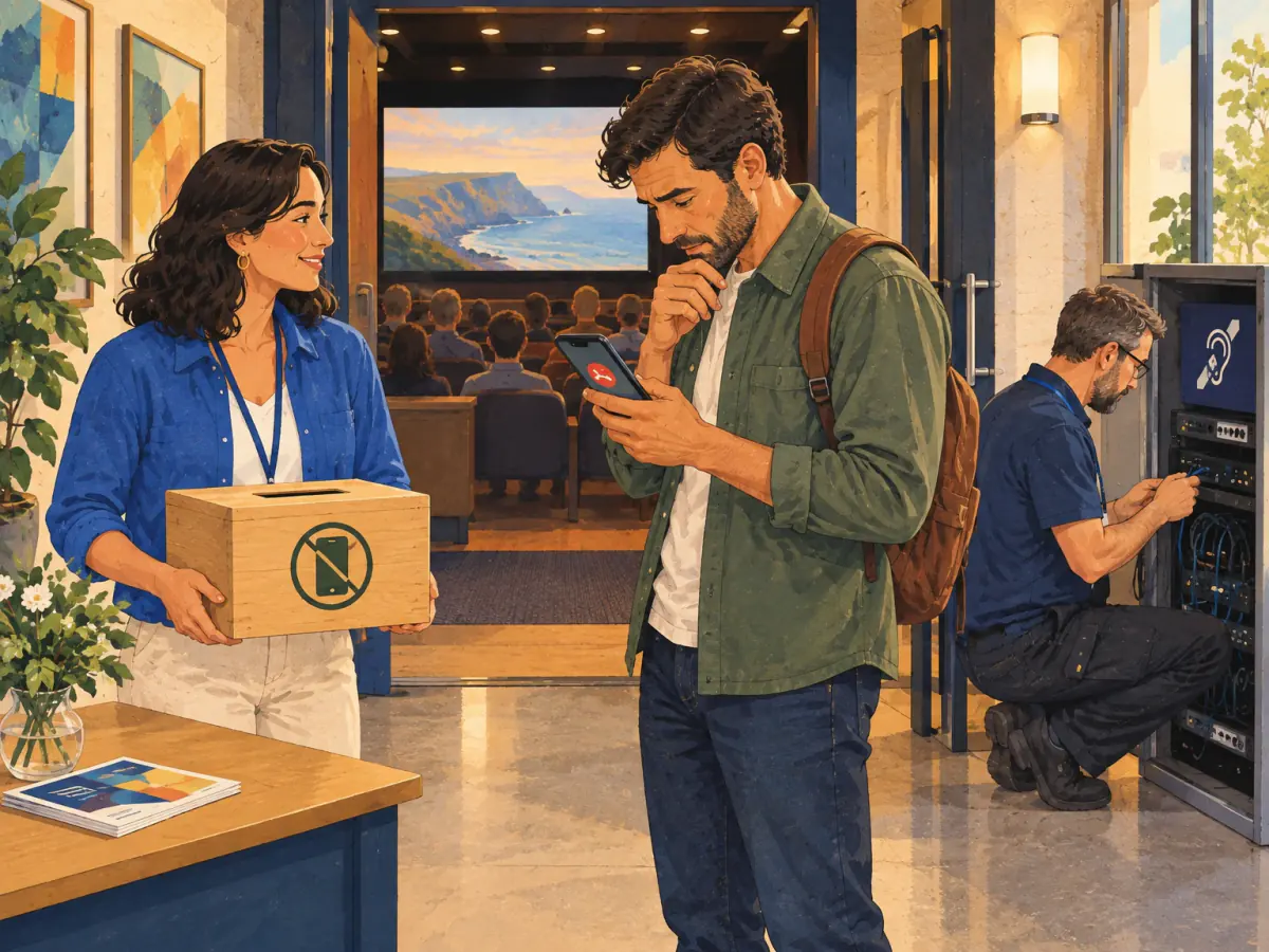 A woman organizes audience entry at an arts centre while a man notices an urgent missed call and a technician waits by sound equipment.