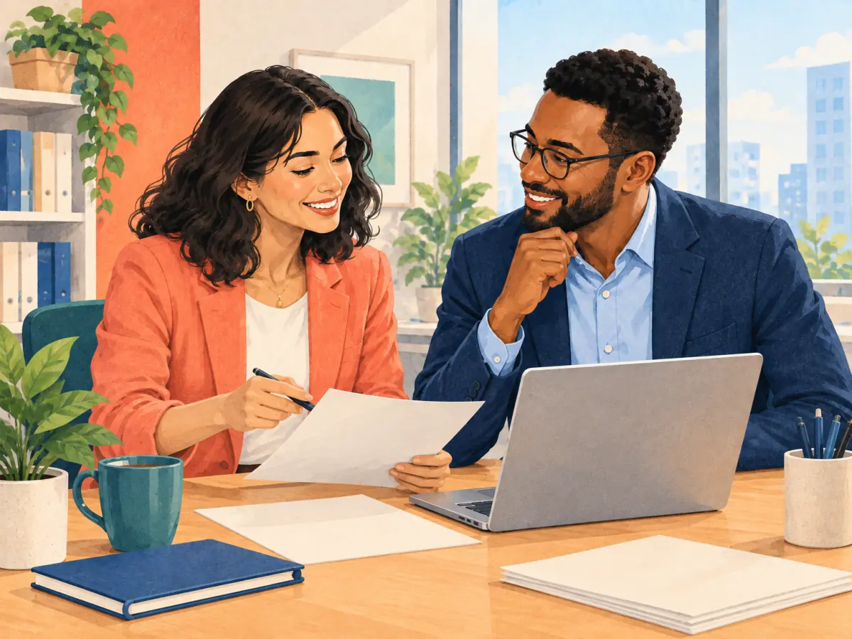 Two colleagues go through the meeting confirmation at a desk.