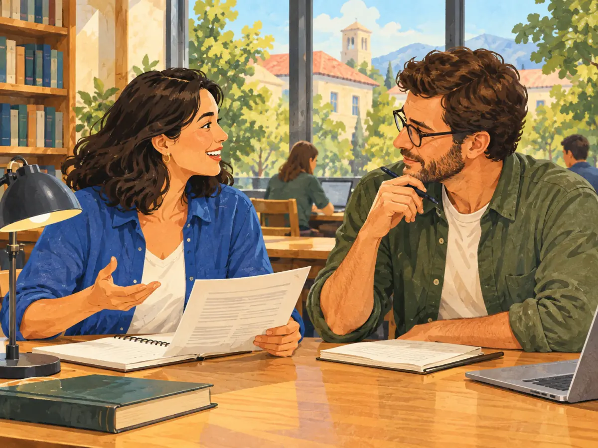 Two adults discuss a research report at a campus study table.