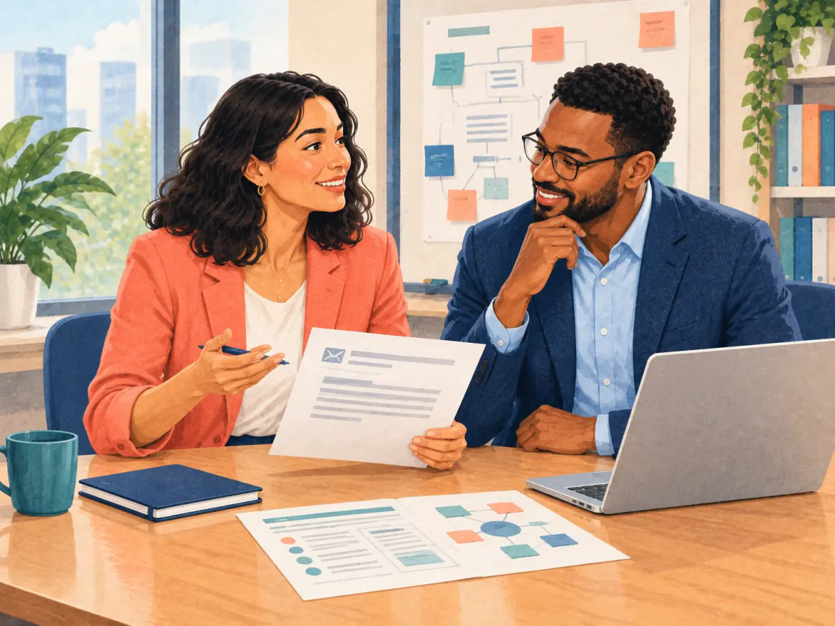 A colleague shows another colleague a printed draft of the marketing email.