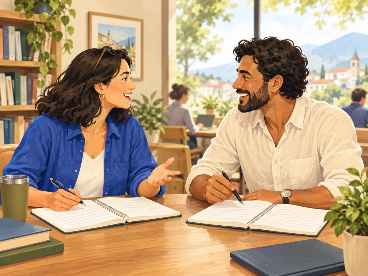 Two adult learners discuss a reading task at a community study table.