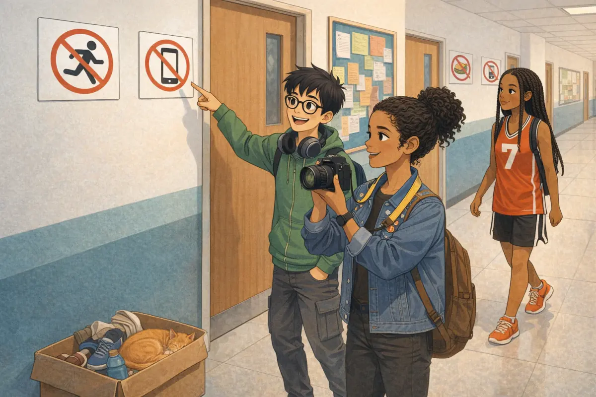 Three friends look at the picture signs in a school corridor next to a lost-property box.