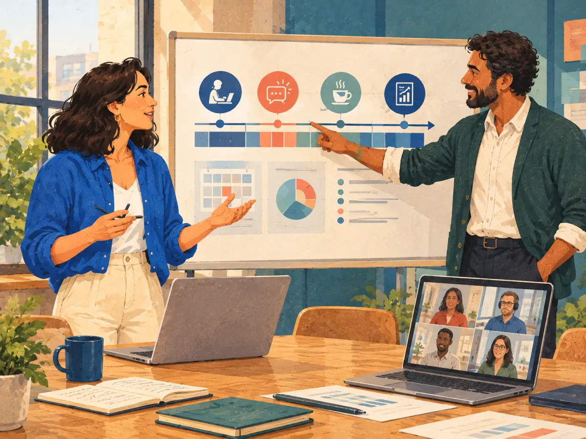Maya and Owen discuss a workplace timeline during a hybrid meeting.