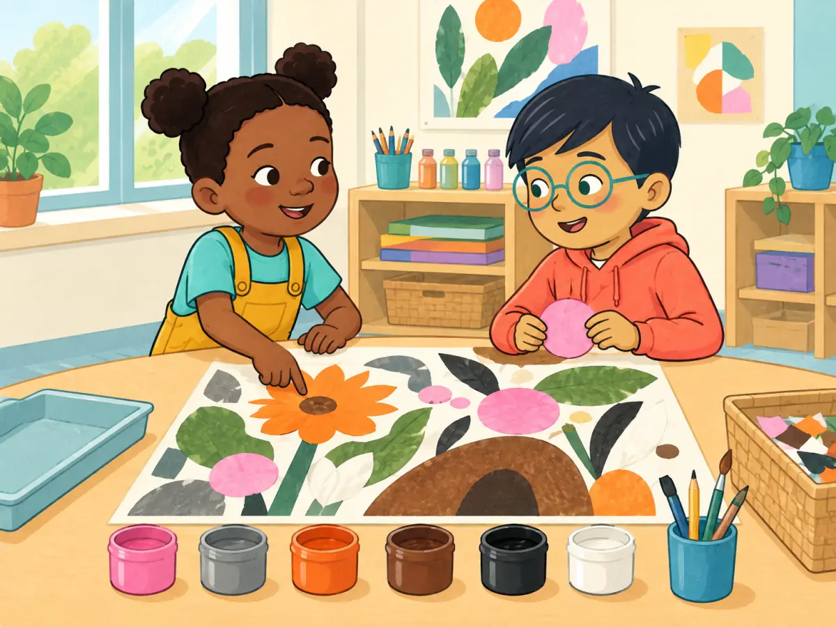 Two children make an abstract collage with pink, grey, orange, brown, black and white materials beside clear tidy-up containers.