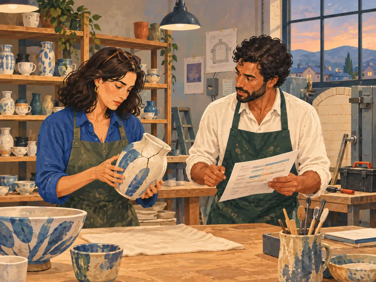 Two friends discuss a cracked artwork and a delayed schedule in their shared ceramics studio.