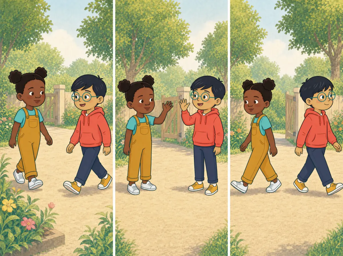 Three pictures from left to right: Nia and Leo walk towards each other, wave hello, then walk home in different directions past a garden gate.