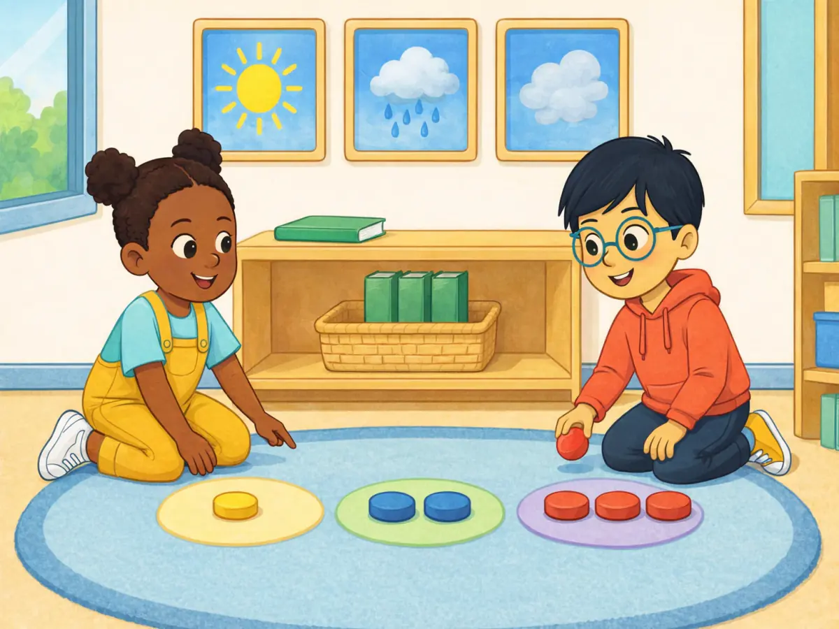 Nia and Leo point to sunny, rainy and cloudy pictures, count groups of one to three and tidy books.