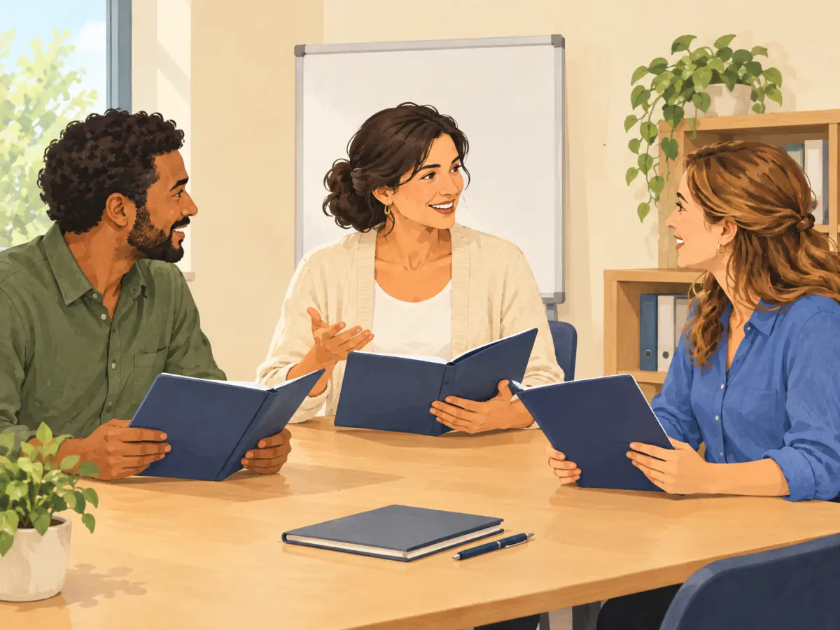 Three adults with open blue notebooks talk together around a table in a bright study room.