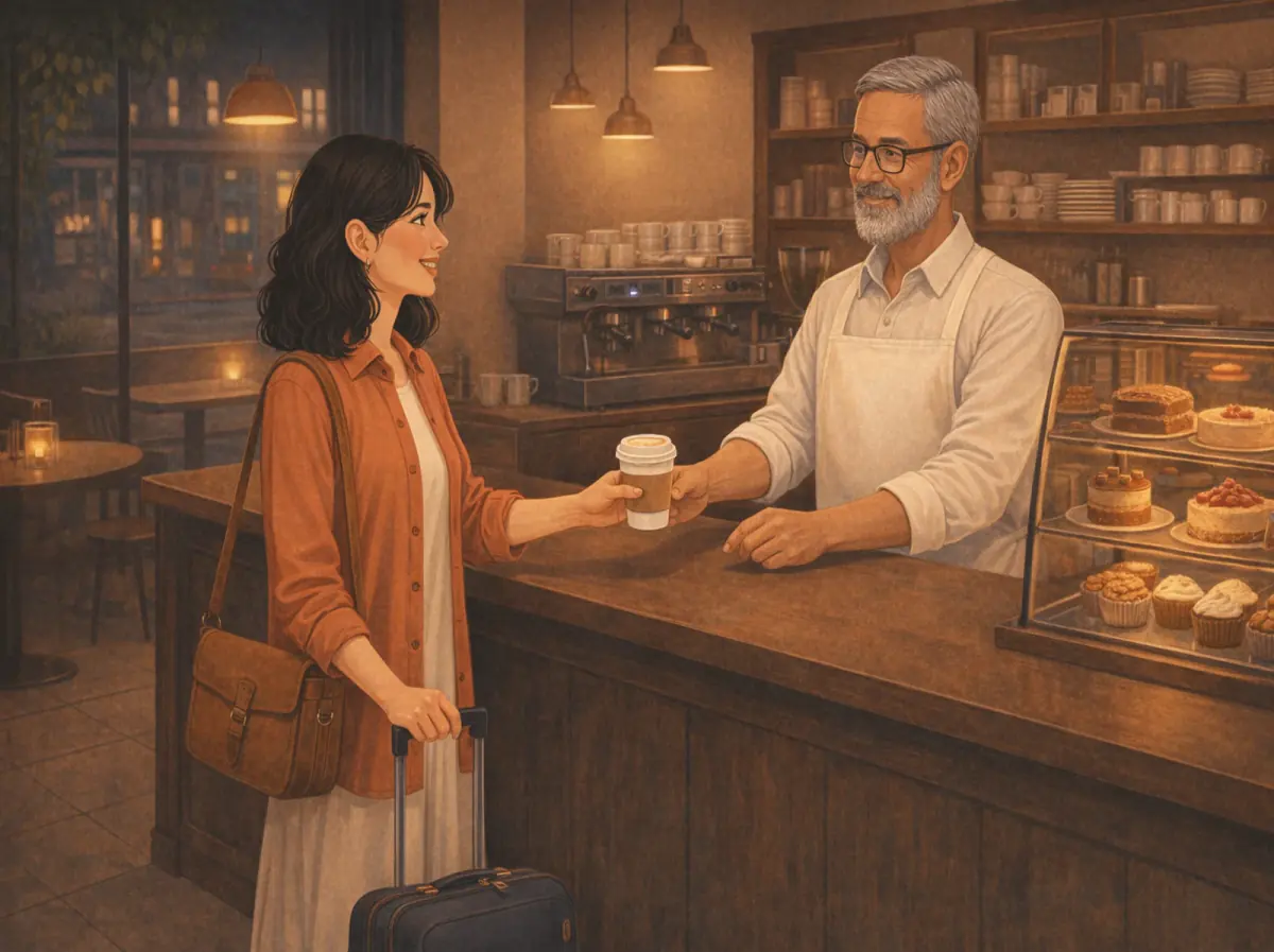 At a café counter, a barista hands Maya a cappuccino with her name on the cup.