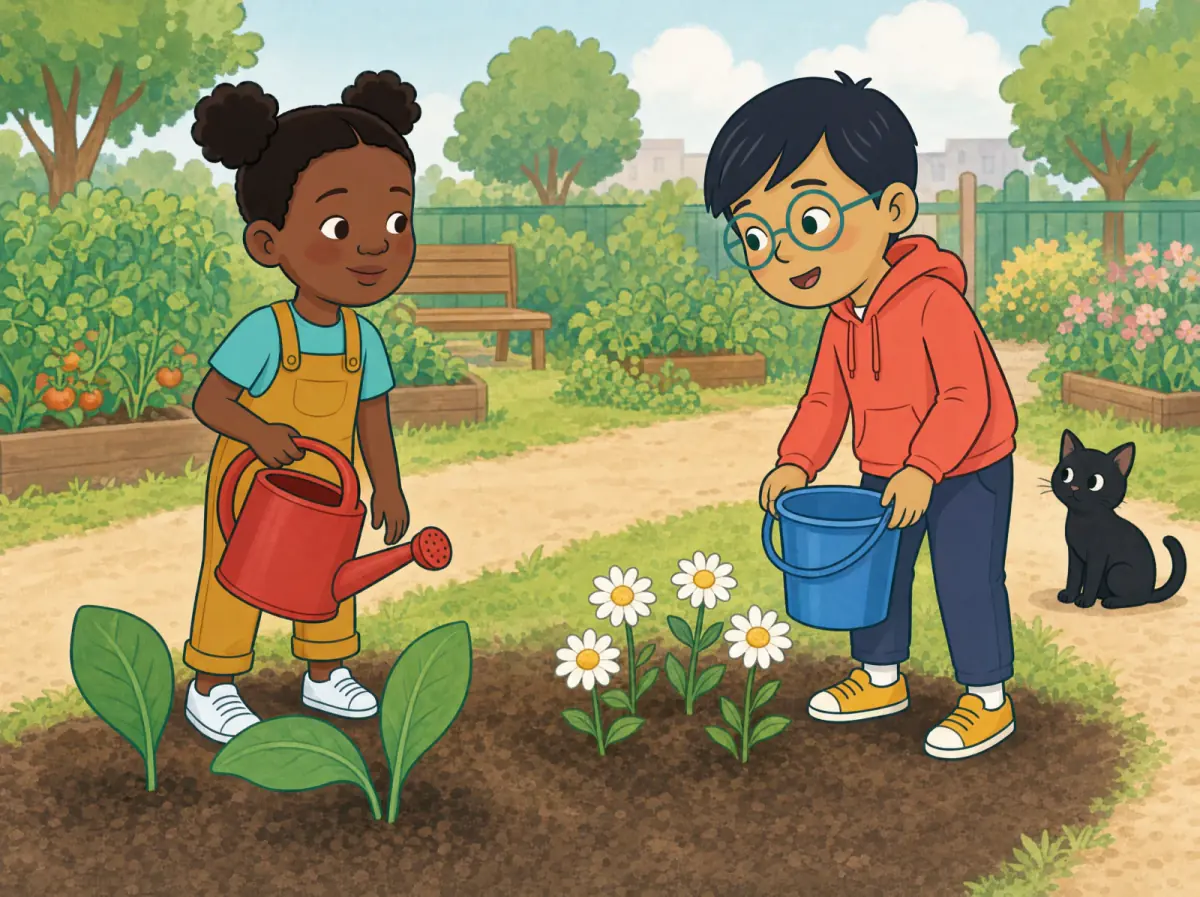 In a sunny community garden, a child holds one red watering can beside three green leaves; another child holds one blue bucket beside four white daisies. A small black cat watches from a path.