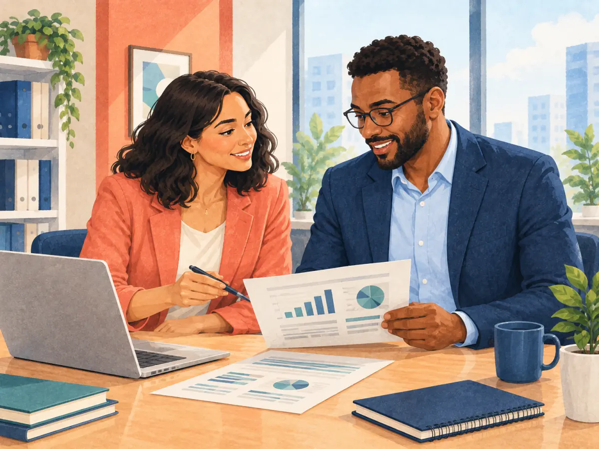 Two colleagues look at charts from a product test.