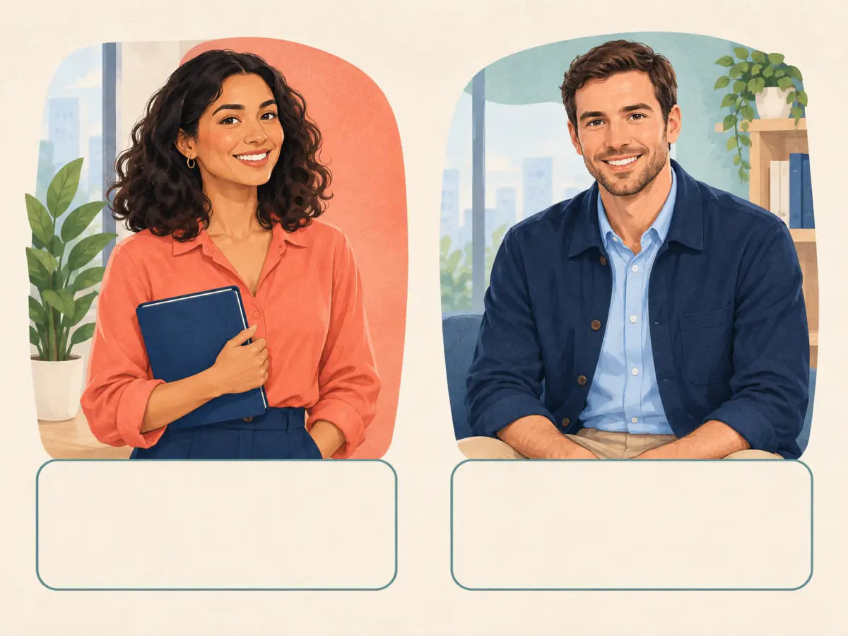 Two workplace portraits with simple blank profile-card shapes on a clean editorial spread.