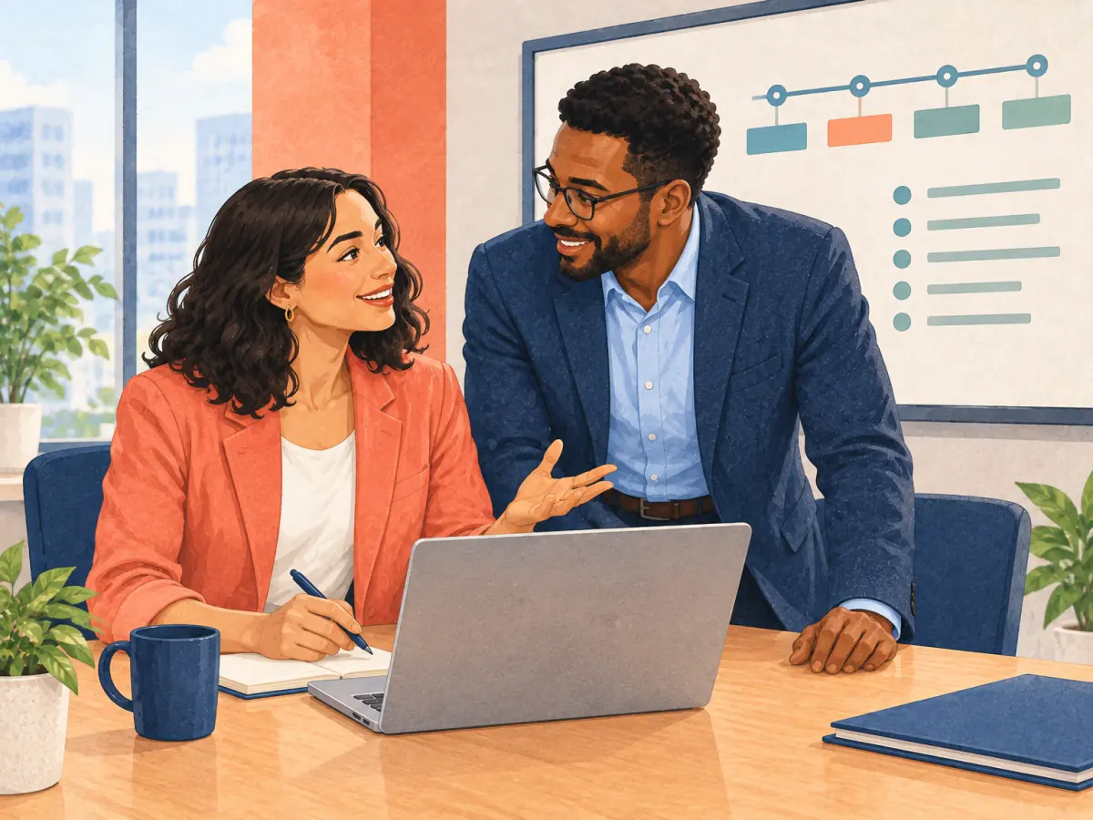 Two colleagues review the follow-up email beside a milestone board.