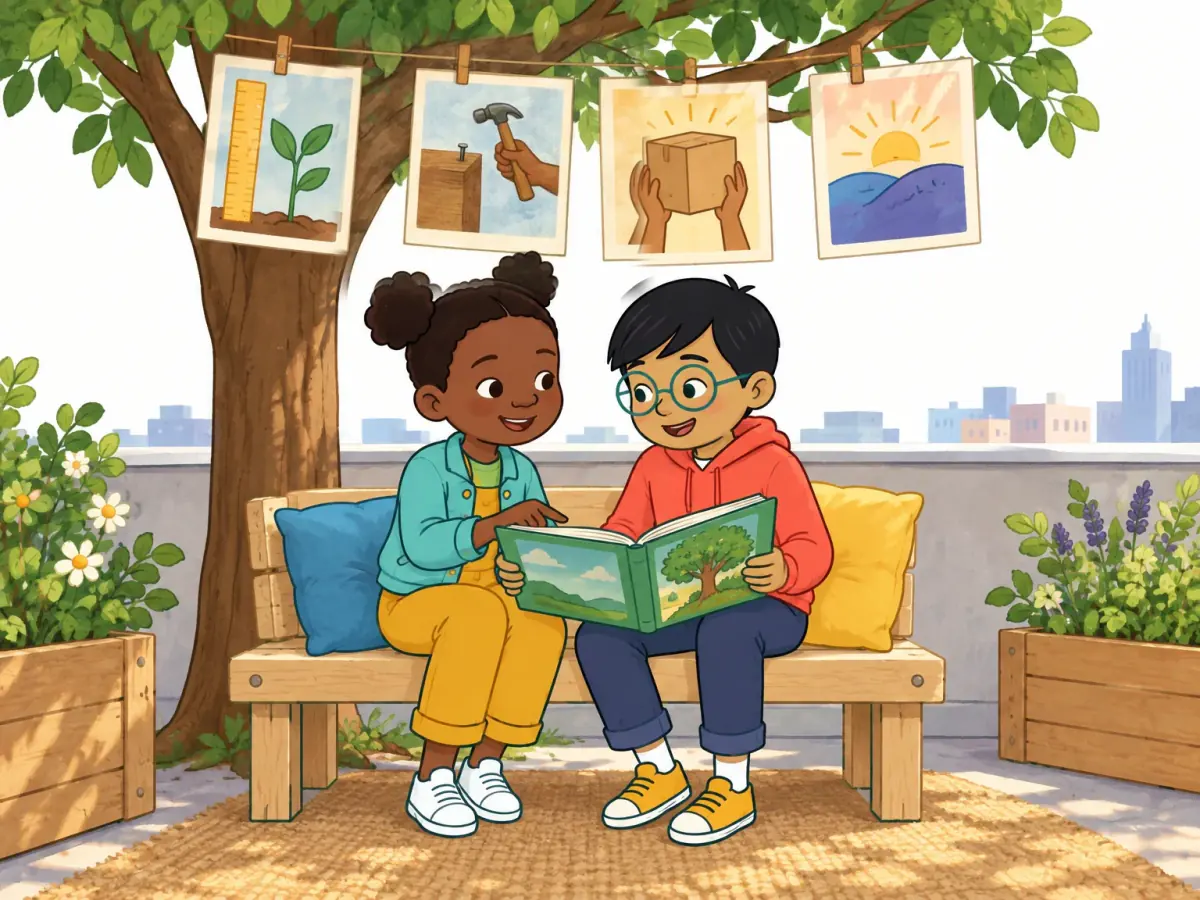 A rooftop reading corner contains a small handmade bench under a young tree, with four poem picture panels showing measure, tap, lift and rest.