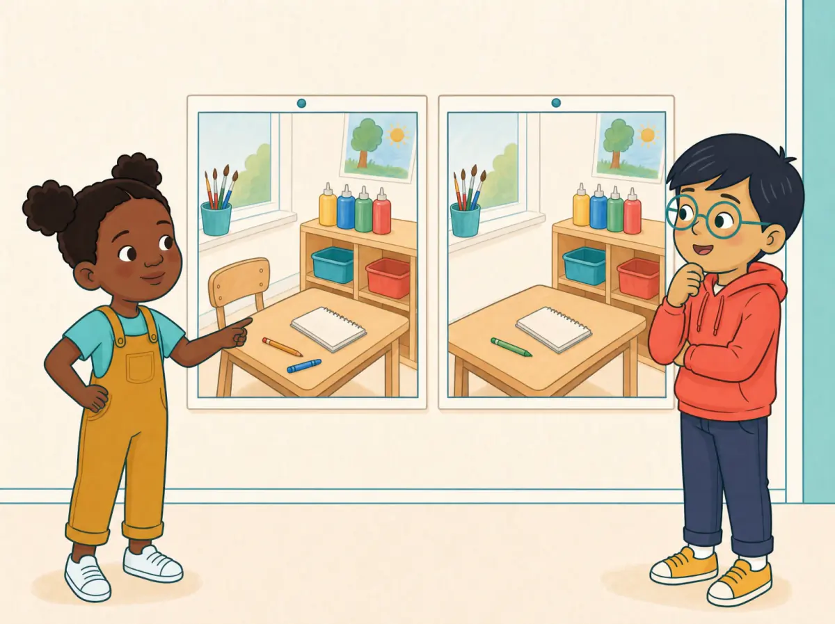 Two side-by-side picture boards show the same desk scene; the right board has no chair and has a green crayon instead of a blue crayon. Two children compare them from left to right.