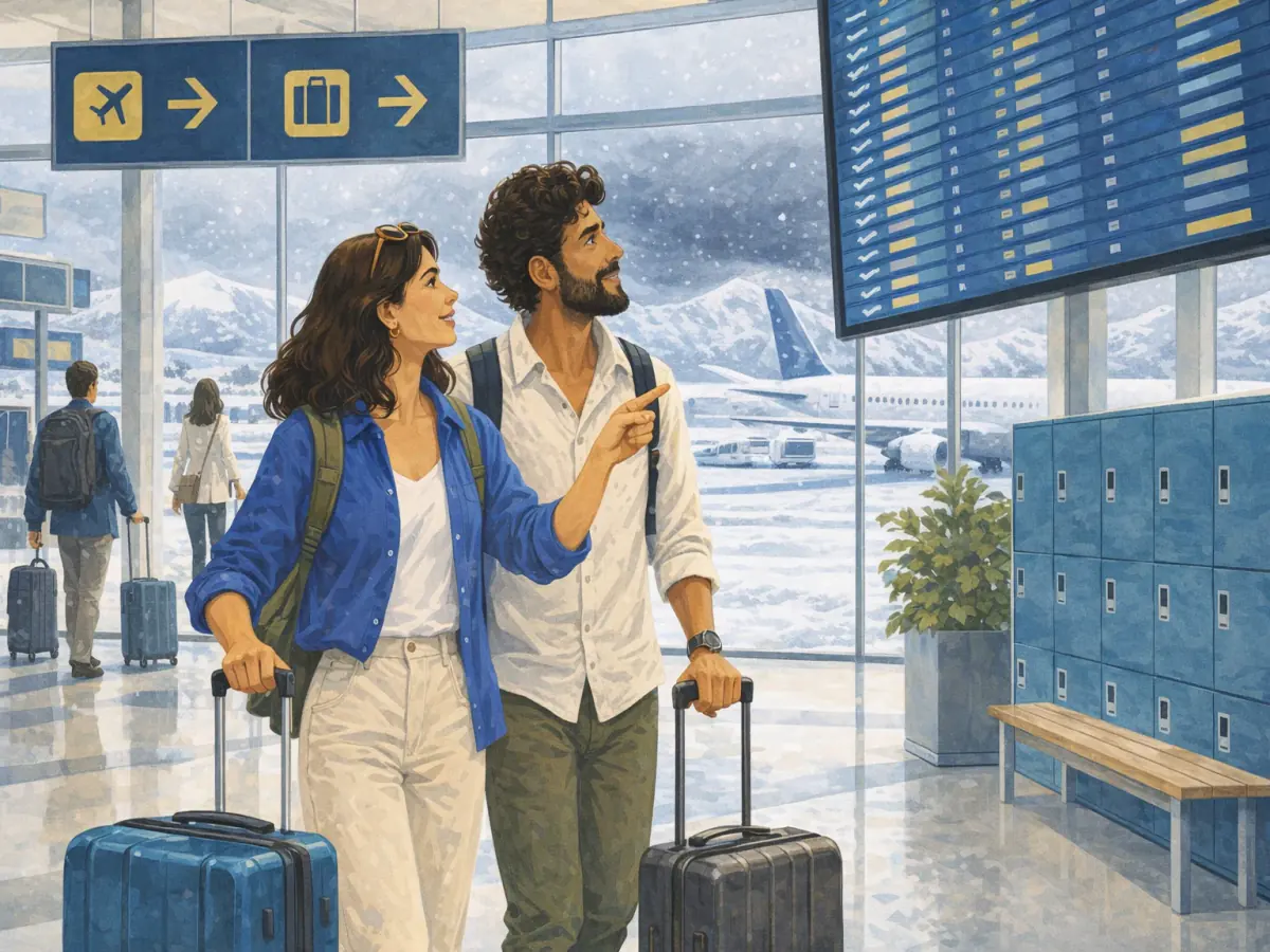 Two adult travellers planning a safe airport stopover.