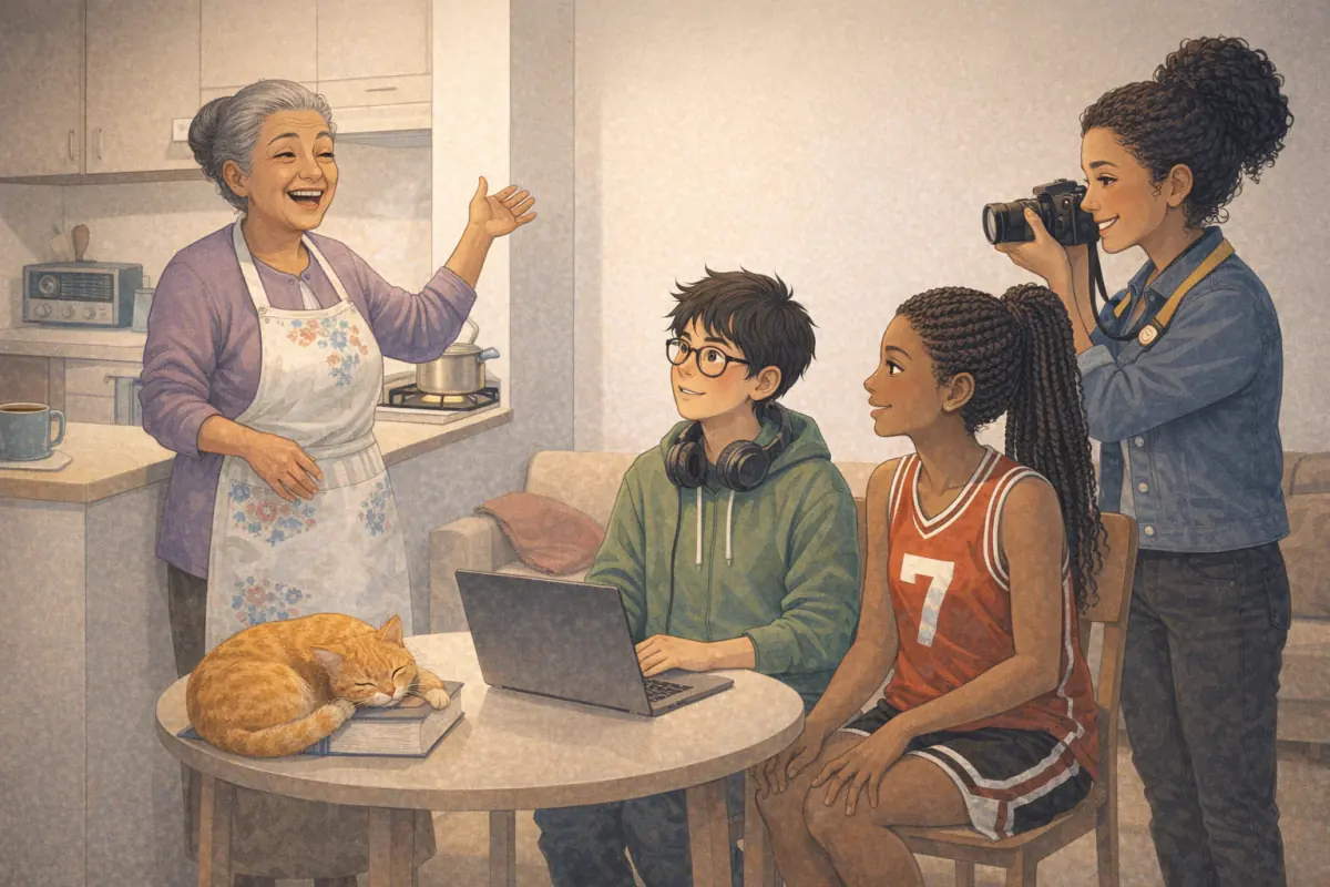 A grandmother tells her story in her small kitchen corner while three friends listen and film; an orange cat sleeps on a dictionary.