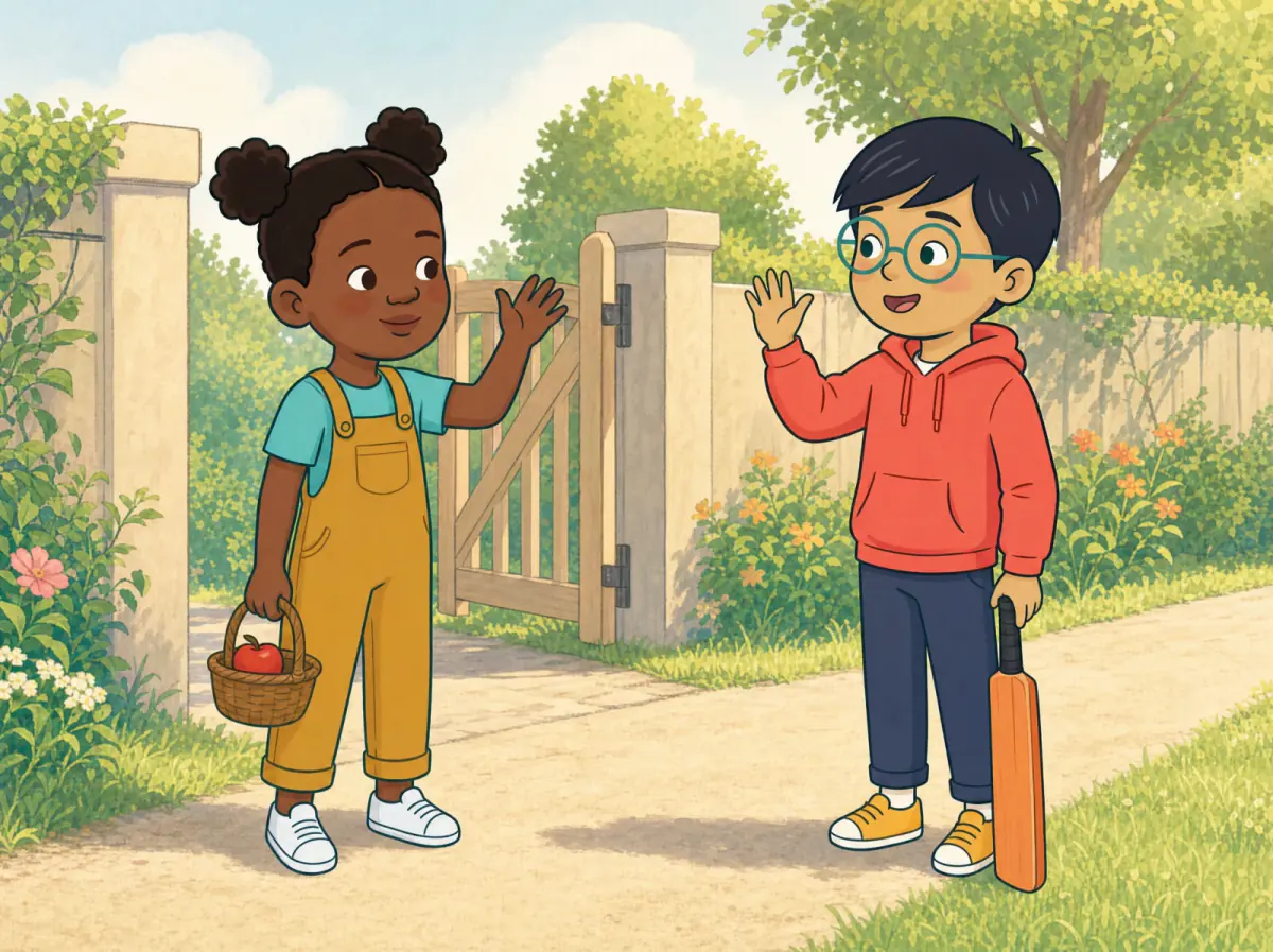 Nia and Leo wave hello beside an apple and a small sports bat.